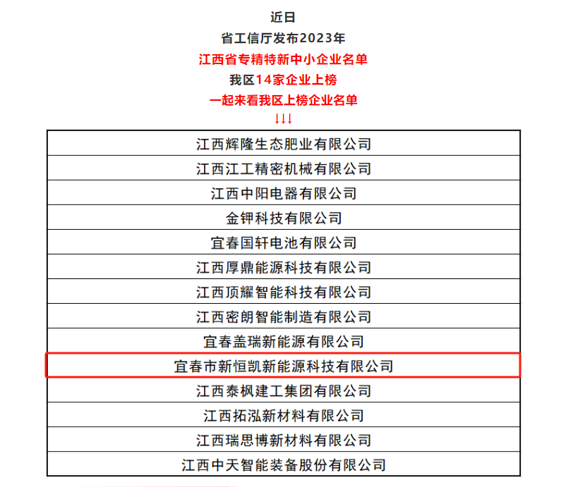 我司全资子公司宜春市新恒凯新能源科技有限公司获评：江西省专精特新中小企业